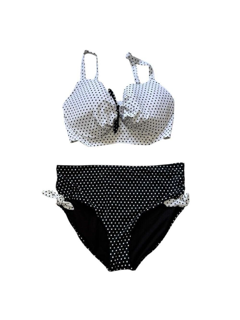Swimsuits For All Bikini Sz 38G/20 Black White Polka Dot Bow High Waist Brief